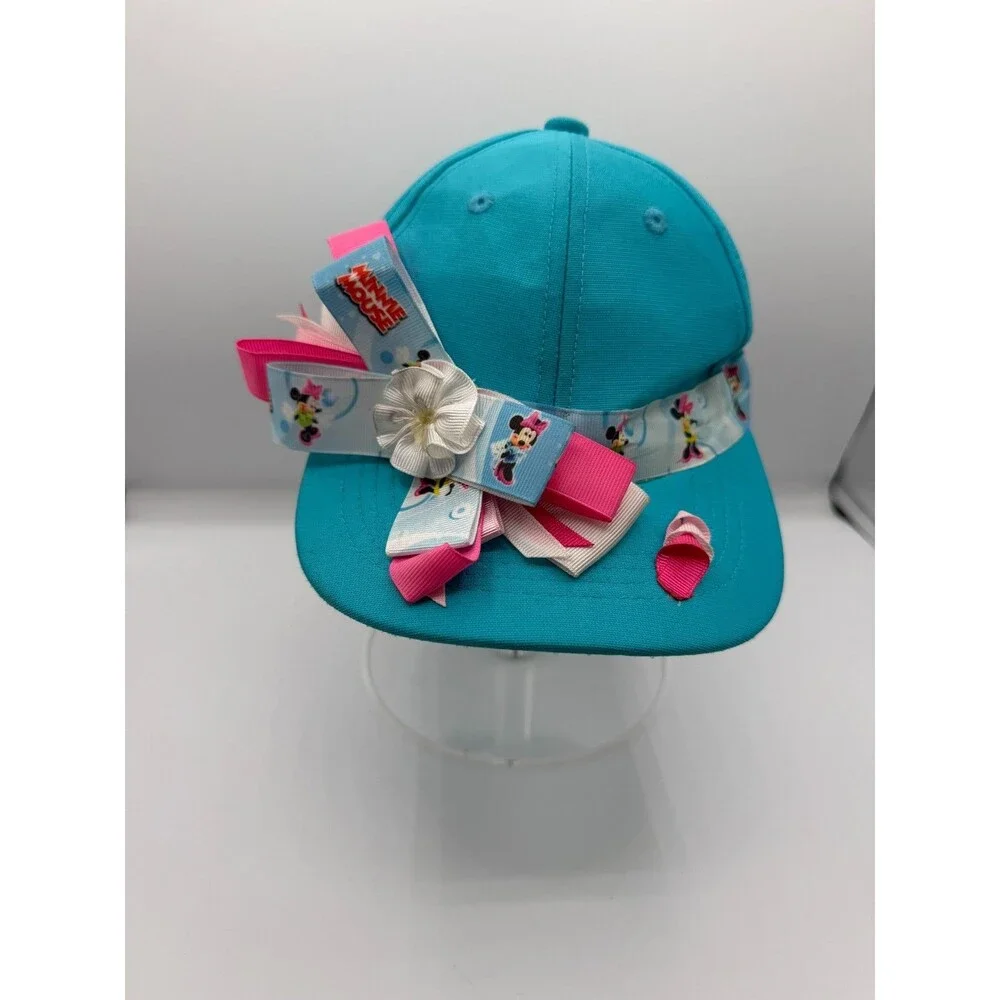 Minnie Mouse Girls Turquoise Baseball Cap Pink Ribbon Bow Adjustable Hat